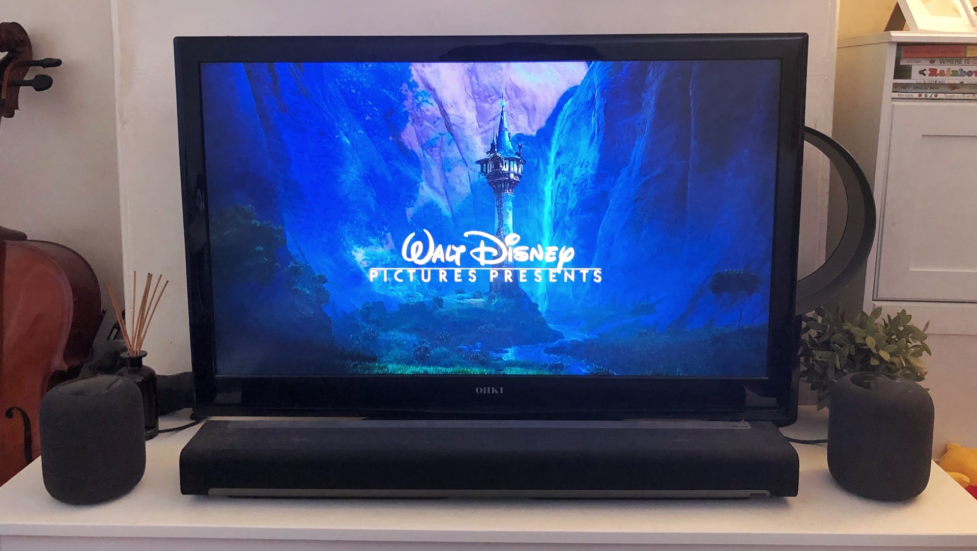 Watching Tangled on a TV with a HomePod as the stereo soundbar