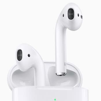 Apple's 2019 AirPods, updated with improved talk time battery life, Siri integration, and an optional wireless charging case