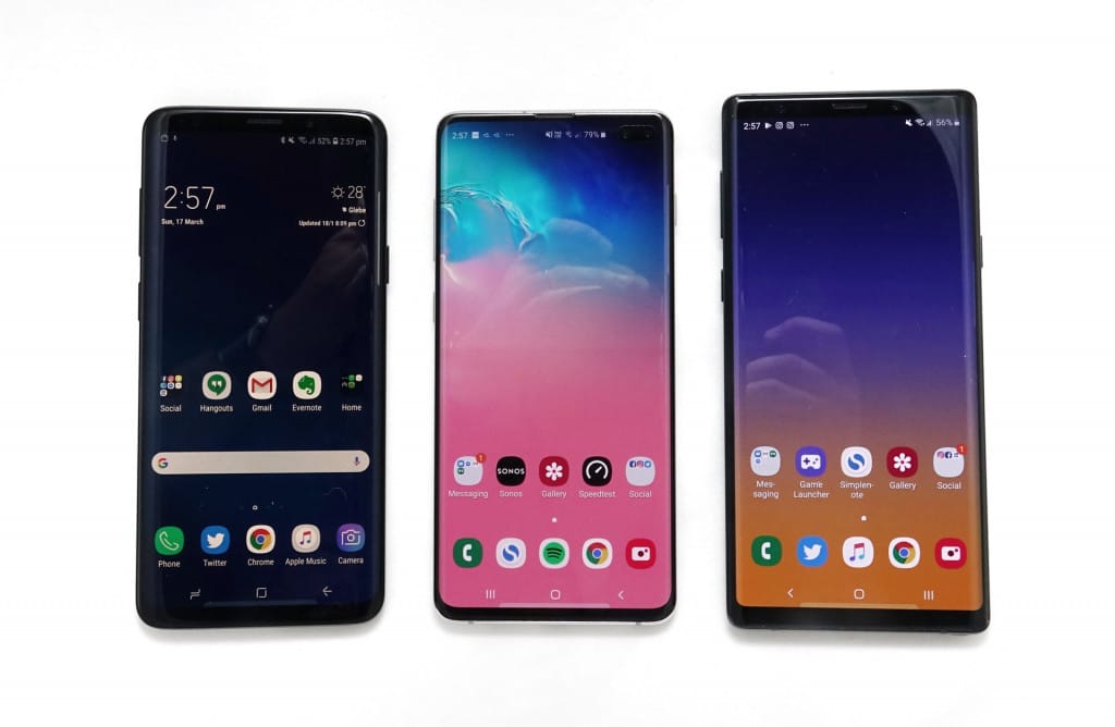 From left to right: Samsung Galaxy S9+, Samsung Galaxy S10+, Samsung Galaxy Note 9