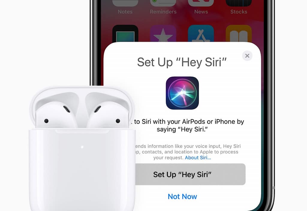 Apple's 2019 AirPods, updated with improved talk time battery life, Siri integration, and an optional wireless charging case