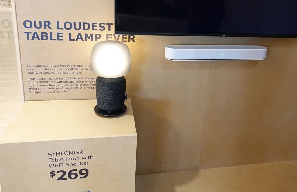 IKEA Symfonisk Table Lamp Speaker next to a Sonos Beam