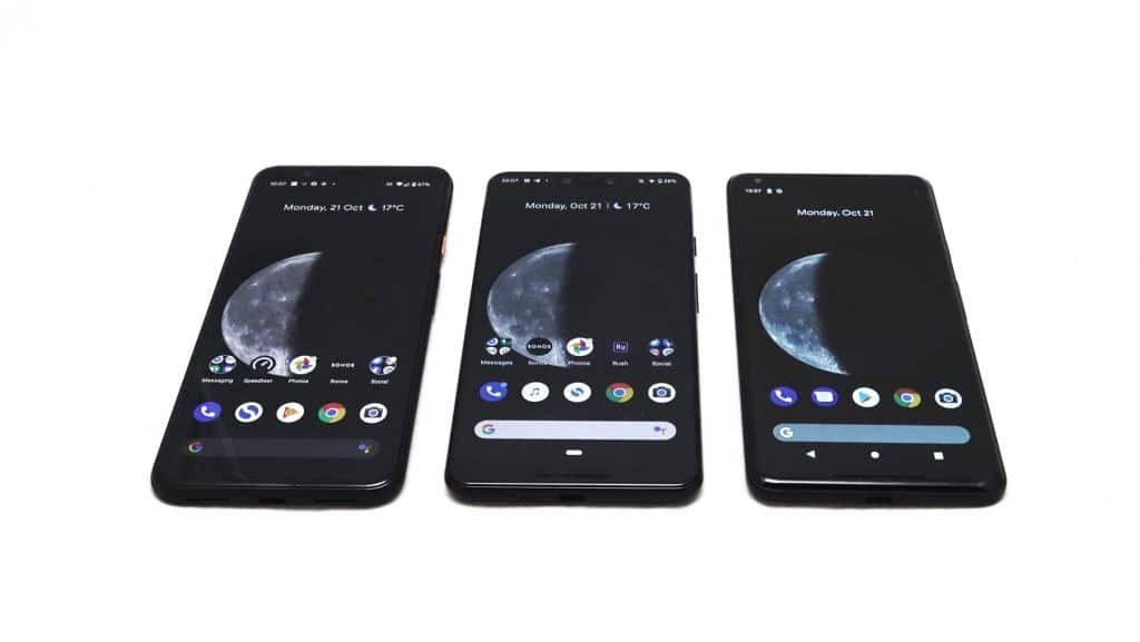 Google Pixel 4 XL (left) next to the Pixel 3 XL (middle) and Pixel 2 XL (right)