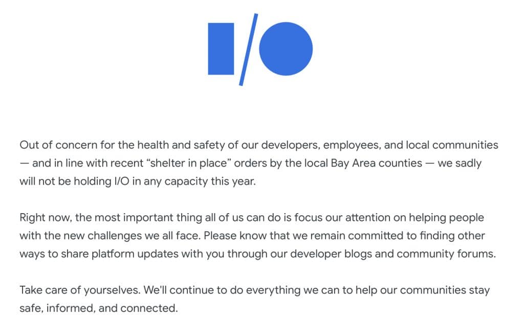 Google I/O 2020 cancellation