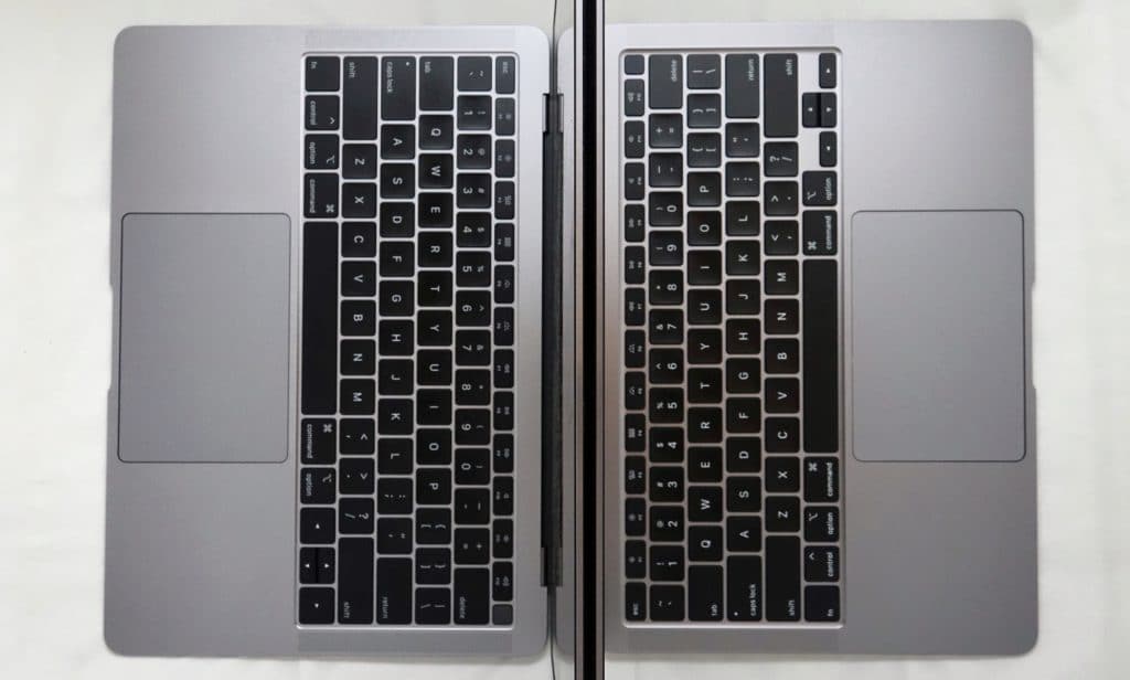 The 2019 MacBook Air (left) next to the 2020 MacBook Air (right)