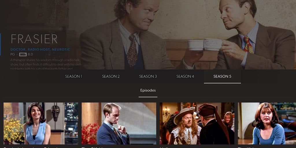Binge's selection of Frasier, with only five seasons
