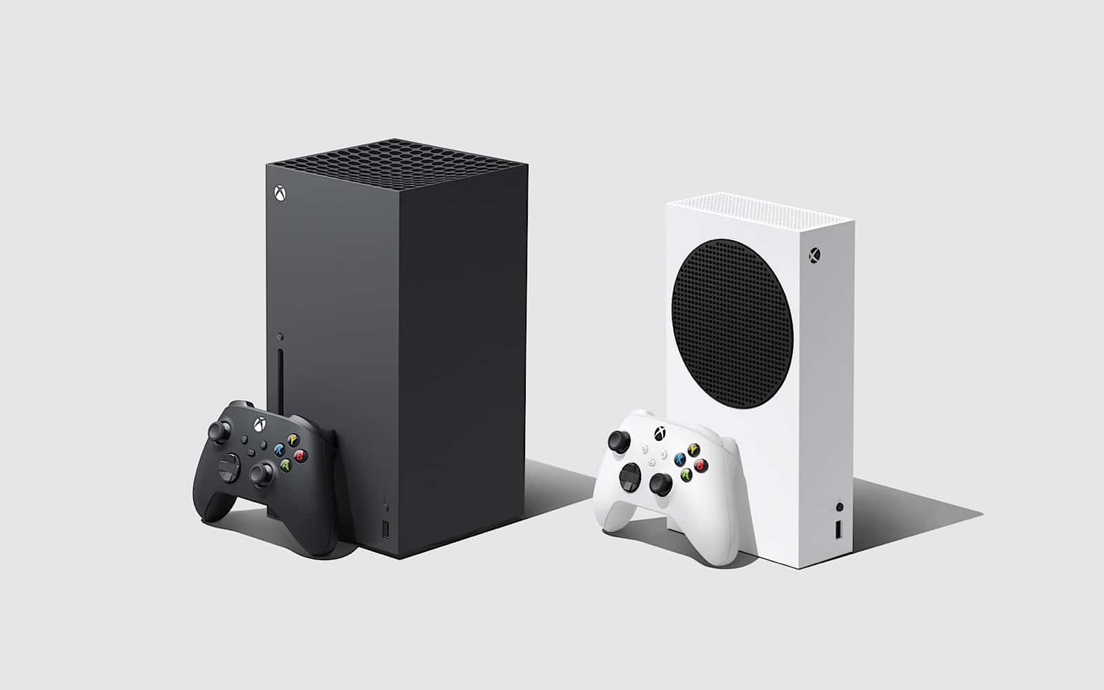 The Xbox Series X (left) next to the Xbox Series S (right)