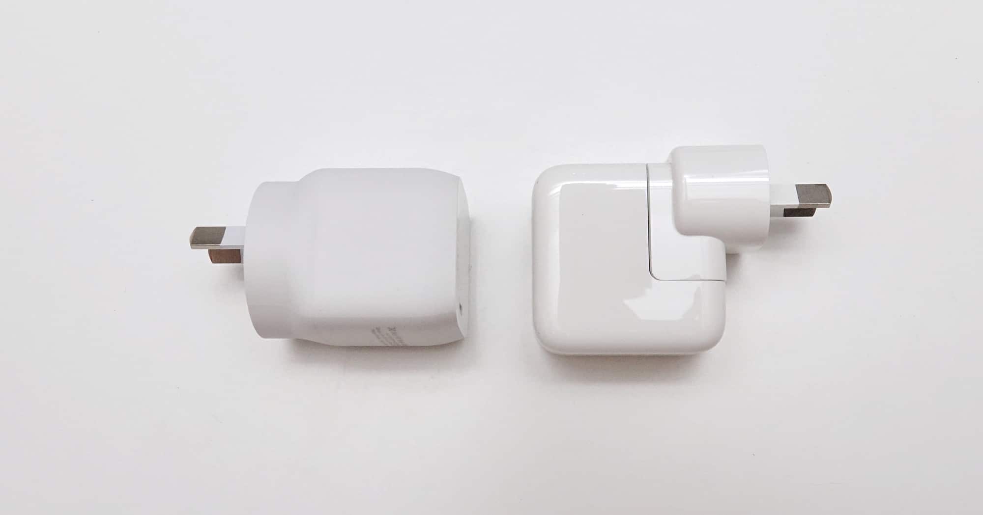 Belkin 30W GaN Boost charge pack (left) vs Apple 30W MacBook Air charge pack (right)