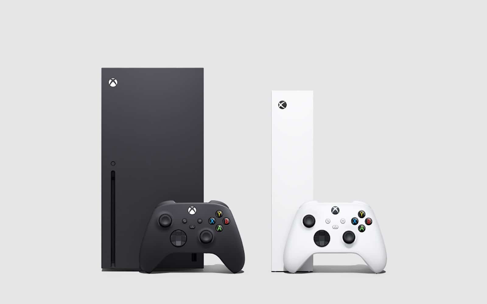 The Xbox Series X (left) next to the Xbox Series S (right)