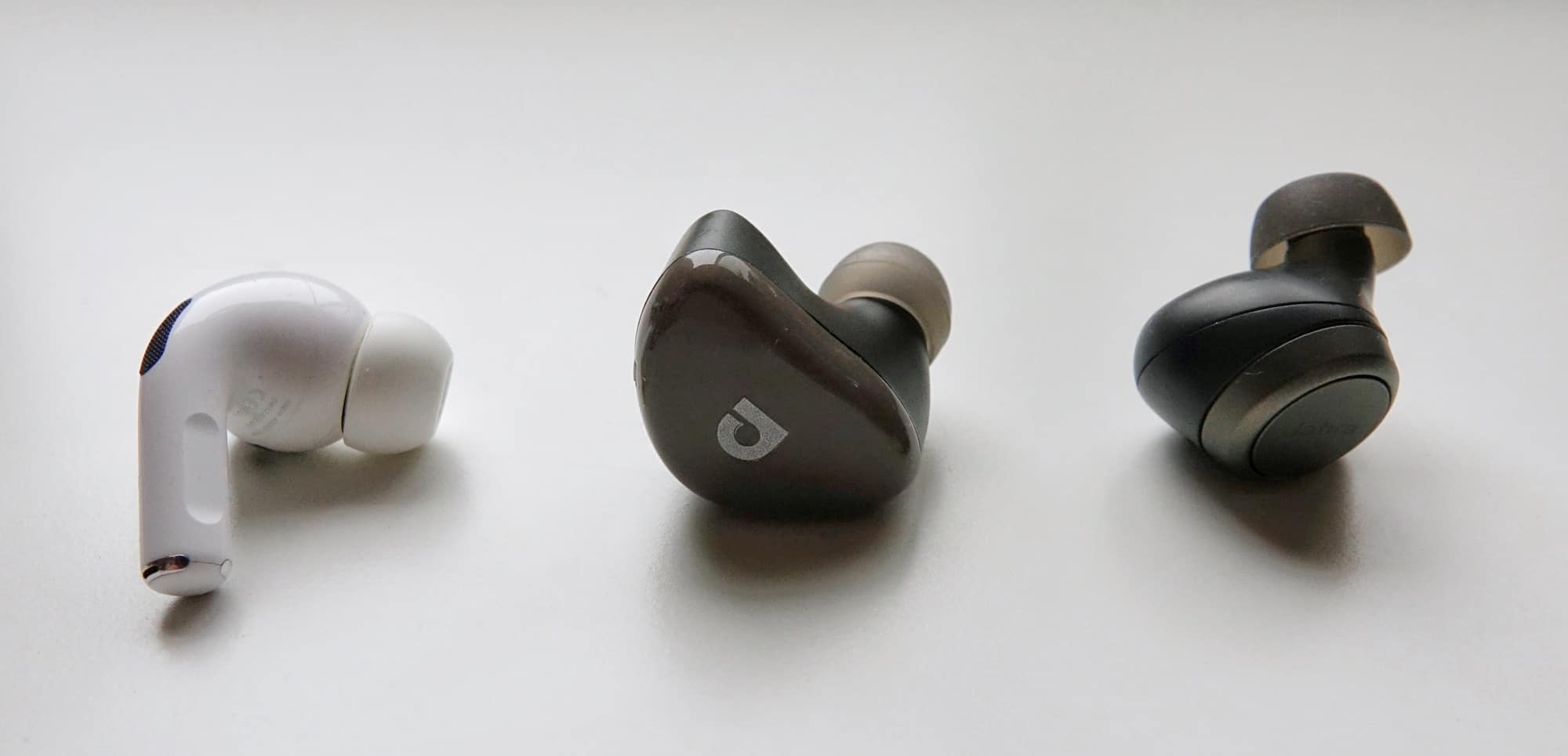 Comparing the size between the AirPods Pro (left), Audiofly AFT2 (middle), and Jabra Elite 75t (right).
