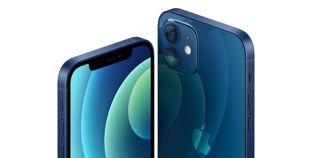 The iPhone 12 Mini (left) next to the back of the iPhone 12 (right).