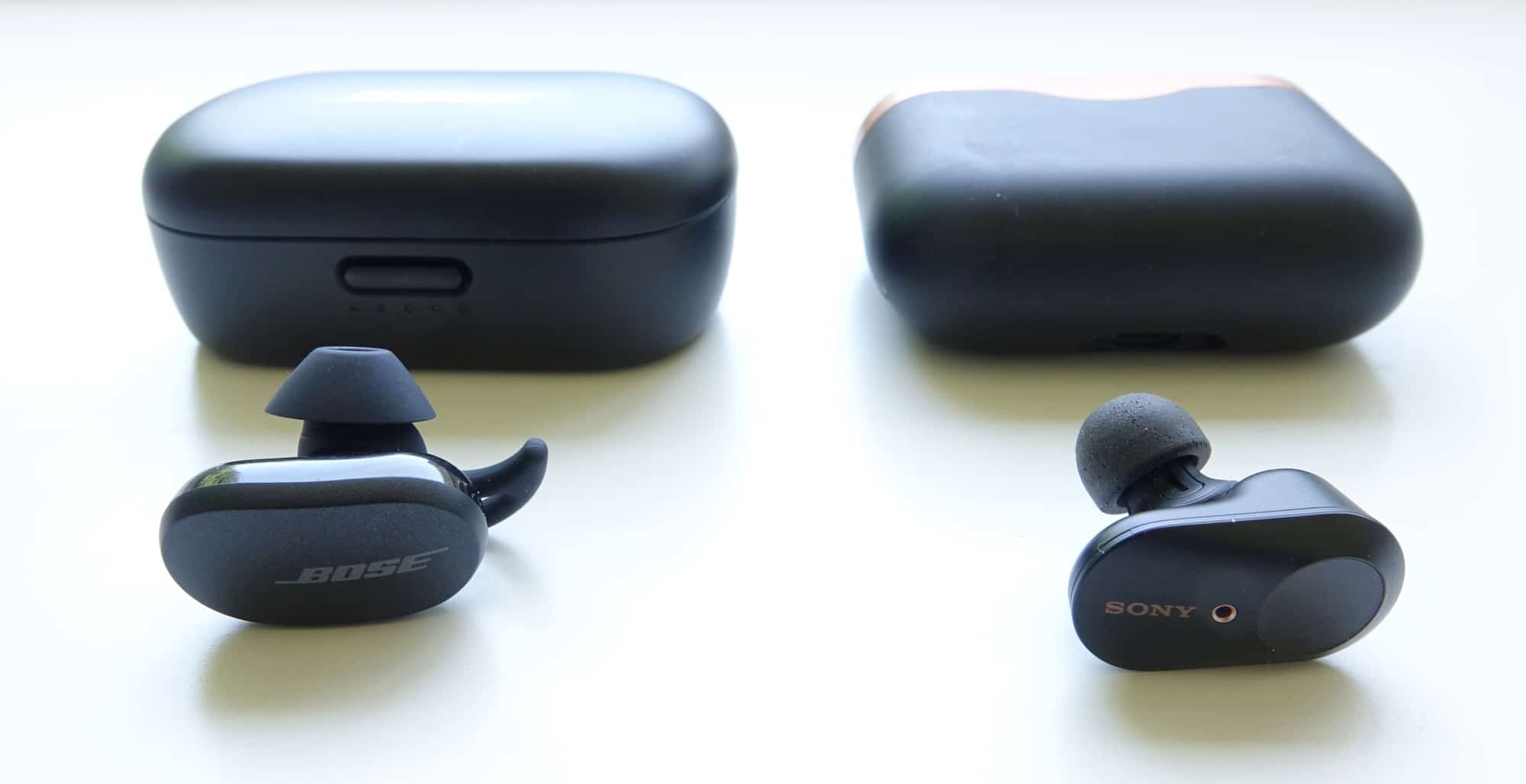 Comparing the Bose QC Earbuds (left) to the Sony WF-1000XM3 (right)