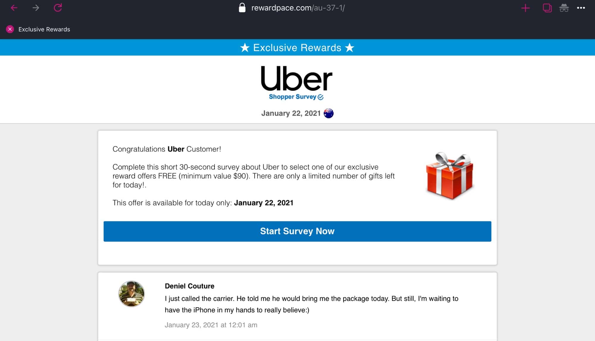 The fake Uber survey site for the Uber Shoppers scam.