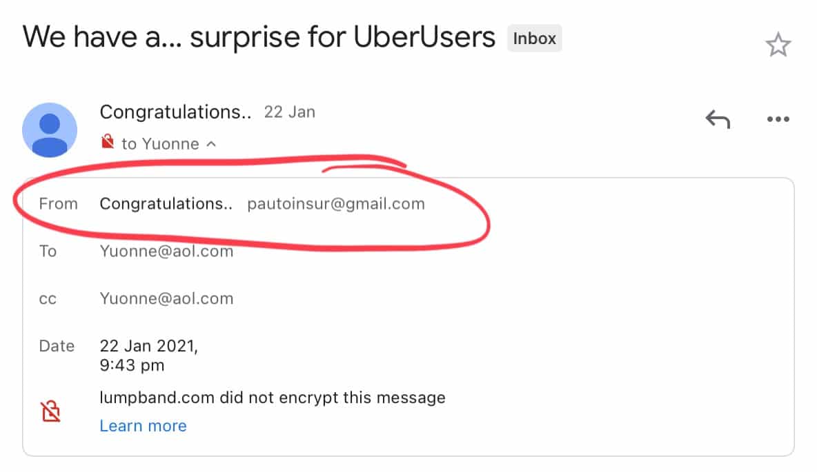 Note the fake Uber address in the Uber Shoppers scam.