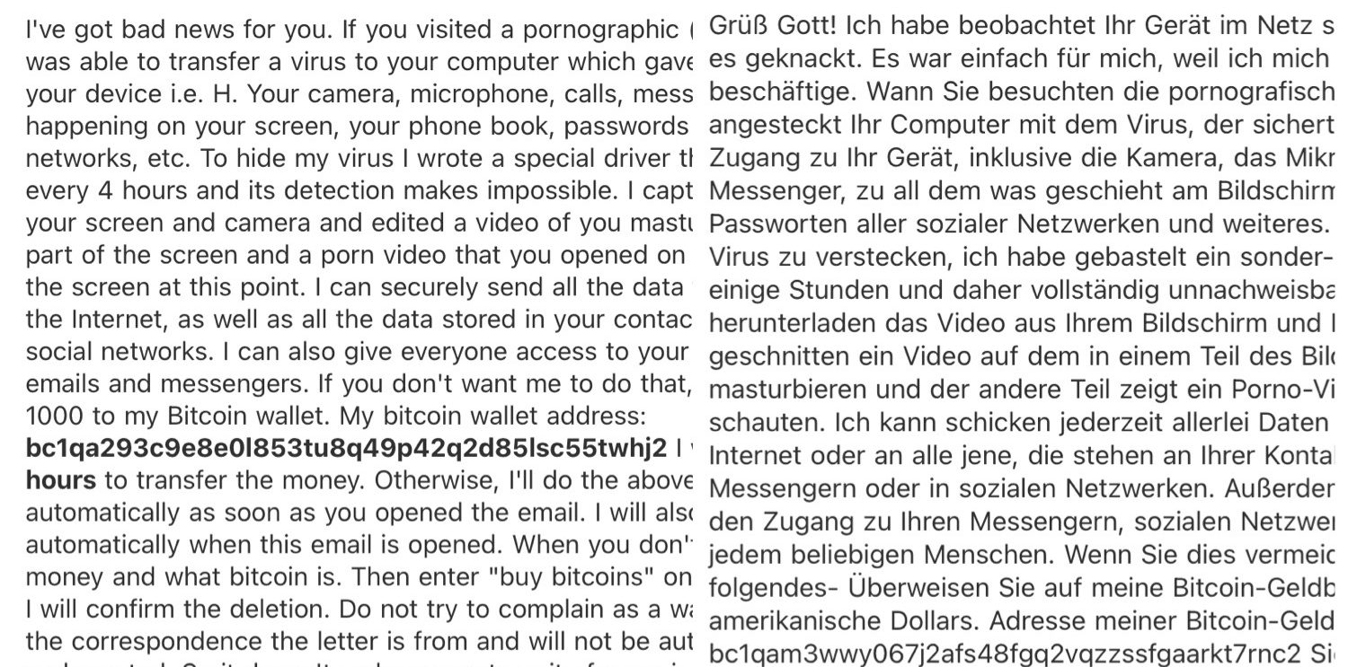 An English version of a sextortion scam on the left, and a German version on the right.