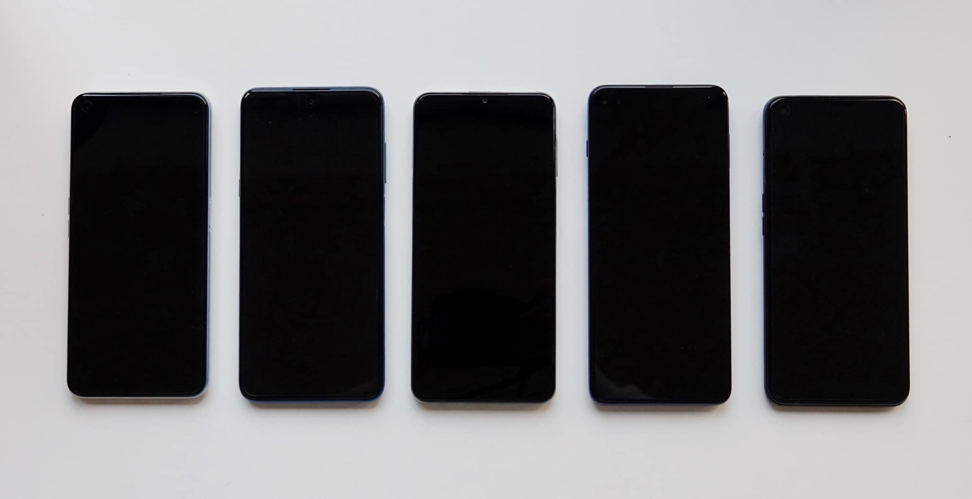 From left to right: Realme 7 5G, TCL 20 5G, Samsung Galaxy A32 5G, Motorola G 5G Plus, Oppo A54 5G.
