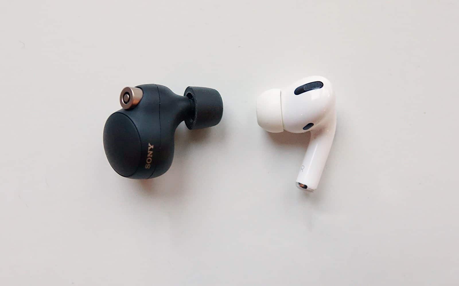 Sony WF-1000XM4 earphone (left) vs Apple AirPods Pro earphone (right)