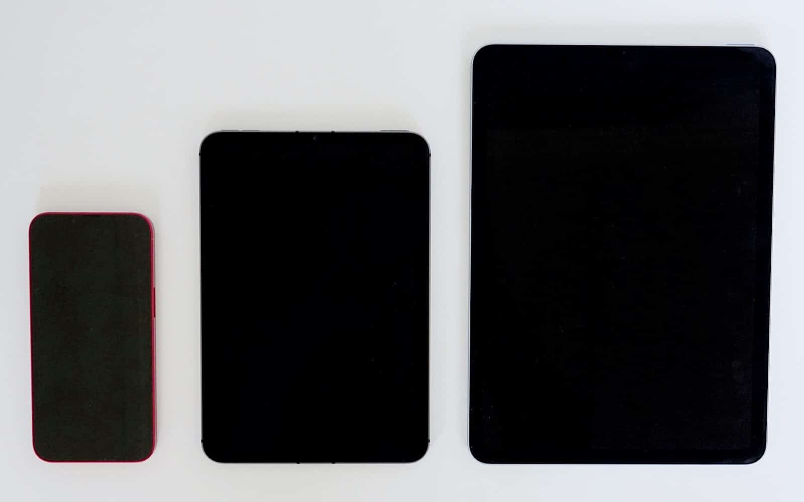 From left to right: iPhone 13, iPad Mini, iPad Air