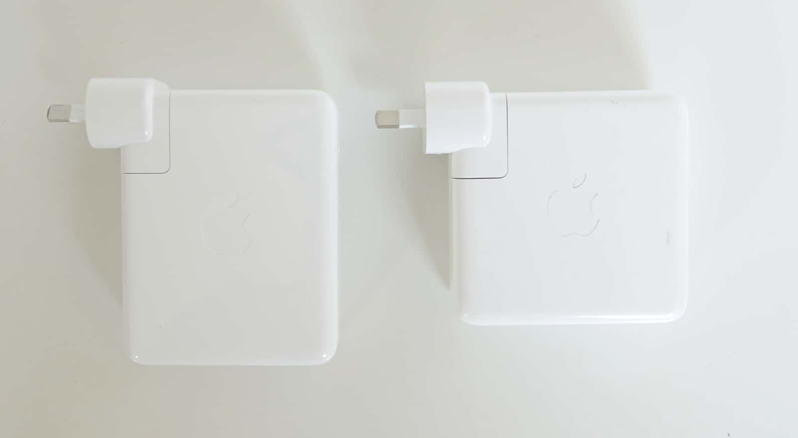 The size difference between the 140W charger of the M1 MBP 16 (left) and the 96W of the Intel MBP 16 (right).