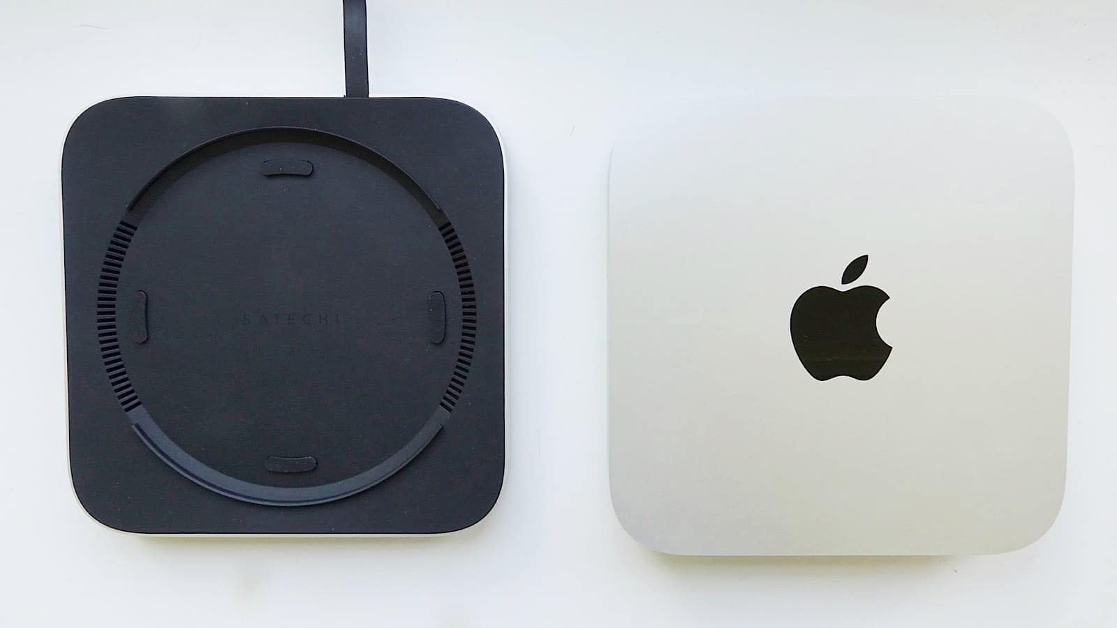 The Satechi Mac Mini Stand (left) next to the Mac Mini (right)