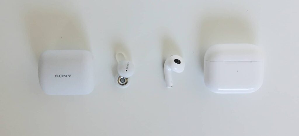 The Sony LinkBuds (left) next to the Apple AirPods 3 (right). 