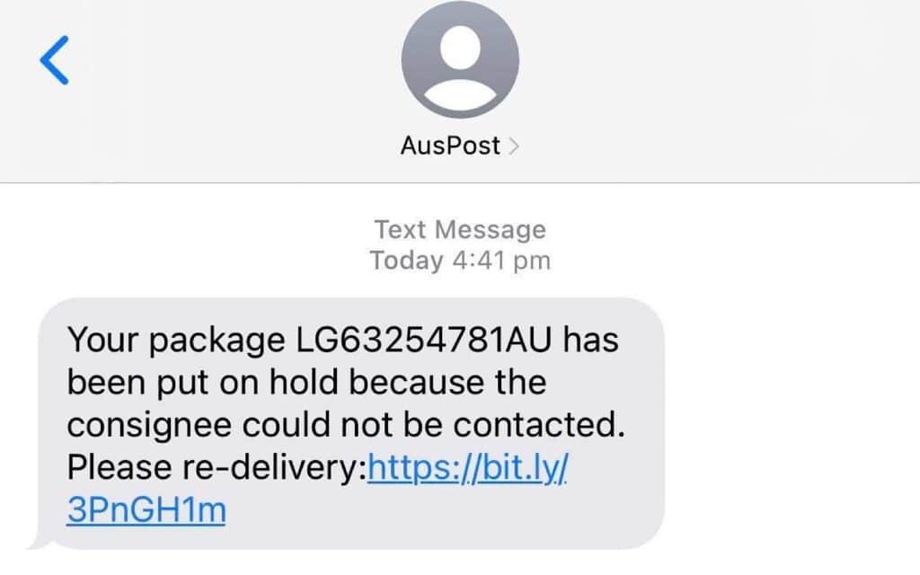 A fake AusPost message that's actually a scam.