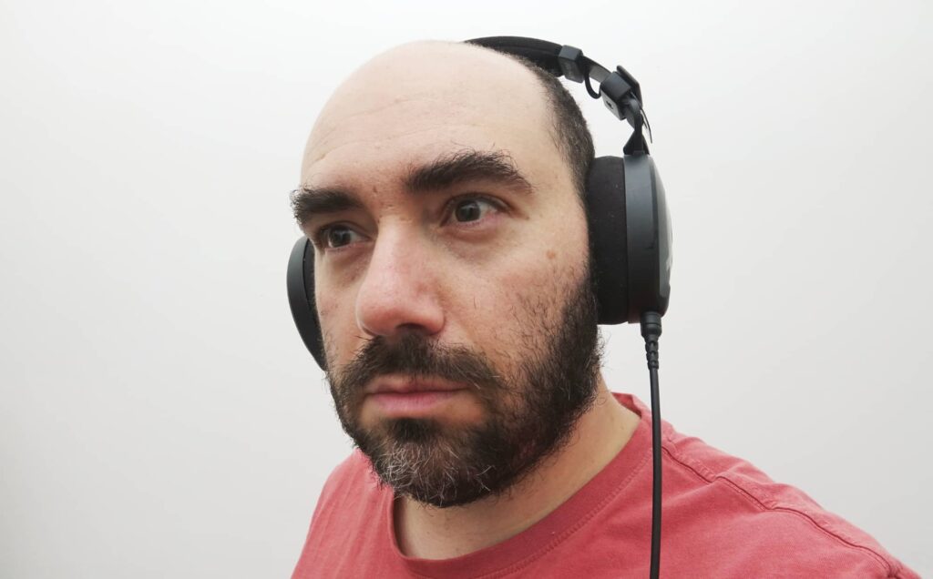 Wearing the Rode NTH-100 headphones