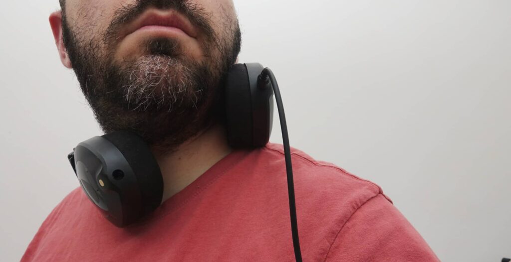 Wearing the Rode NTH-100 headphones