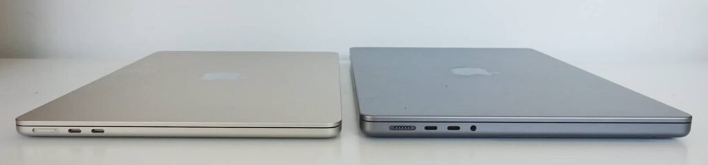 The M2 Air (left) next to the MacBook Pro 14 (right).