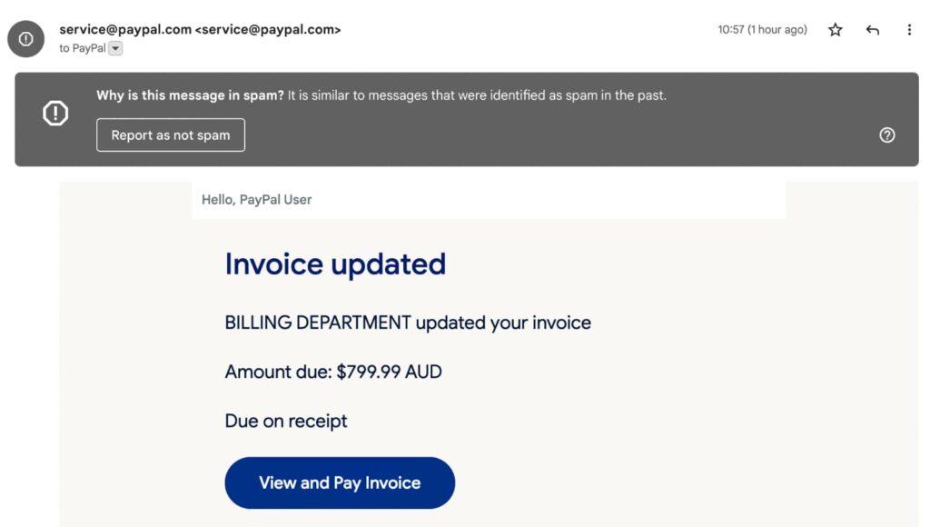 A real PayPal email, but it's actually a scam.
