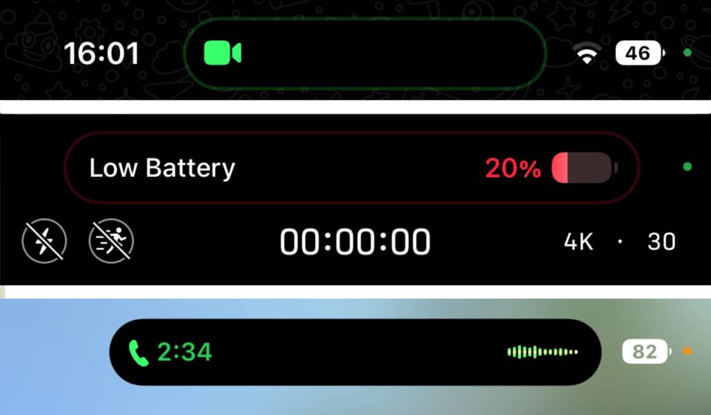 Examples of how the Dynamic Island can change through use of the iPhone 14 Pro.