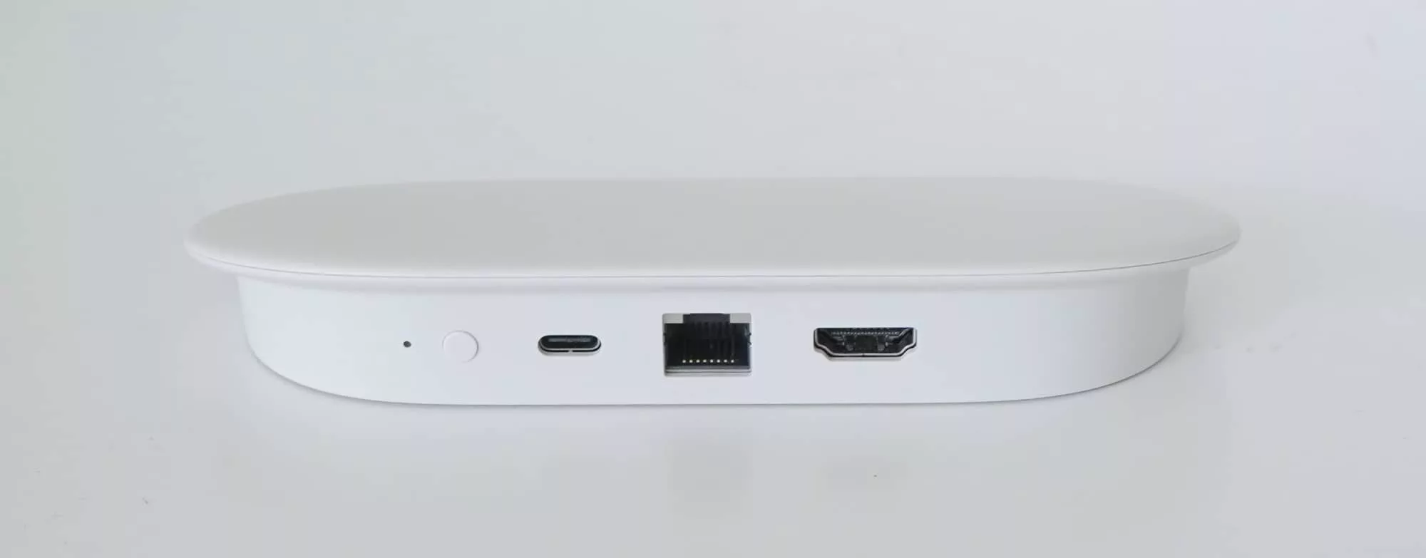 The back of the Google TV Streamer includes a USB-C port for power, an Ethernet port for wired network support, and an HDMI out port. 