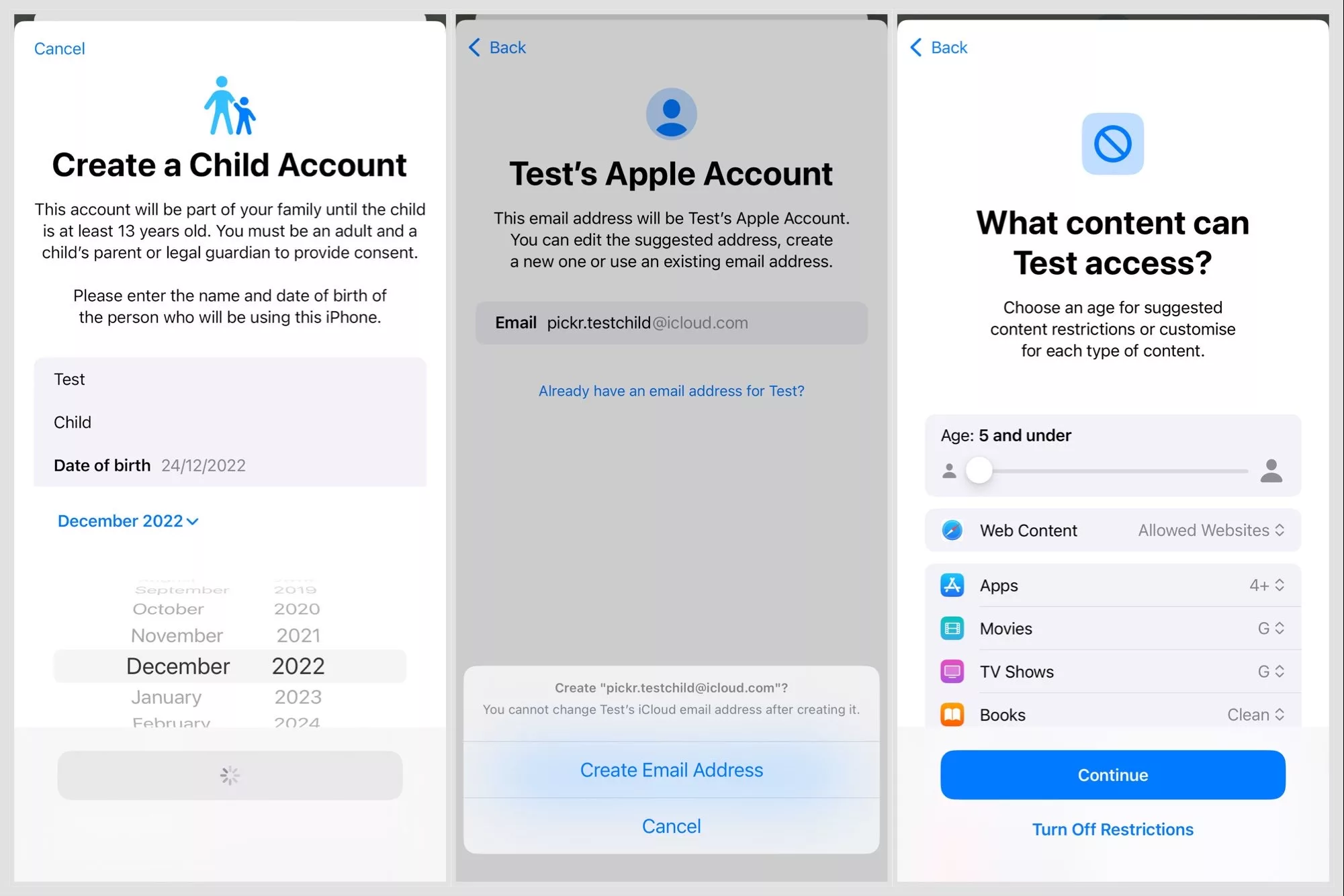 Creating a child account for an iPhone