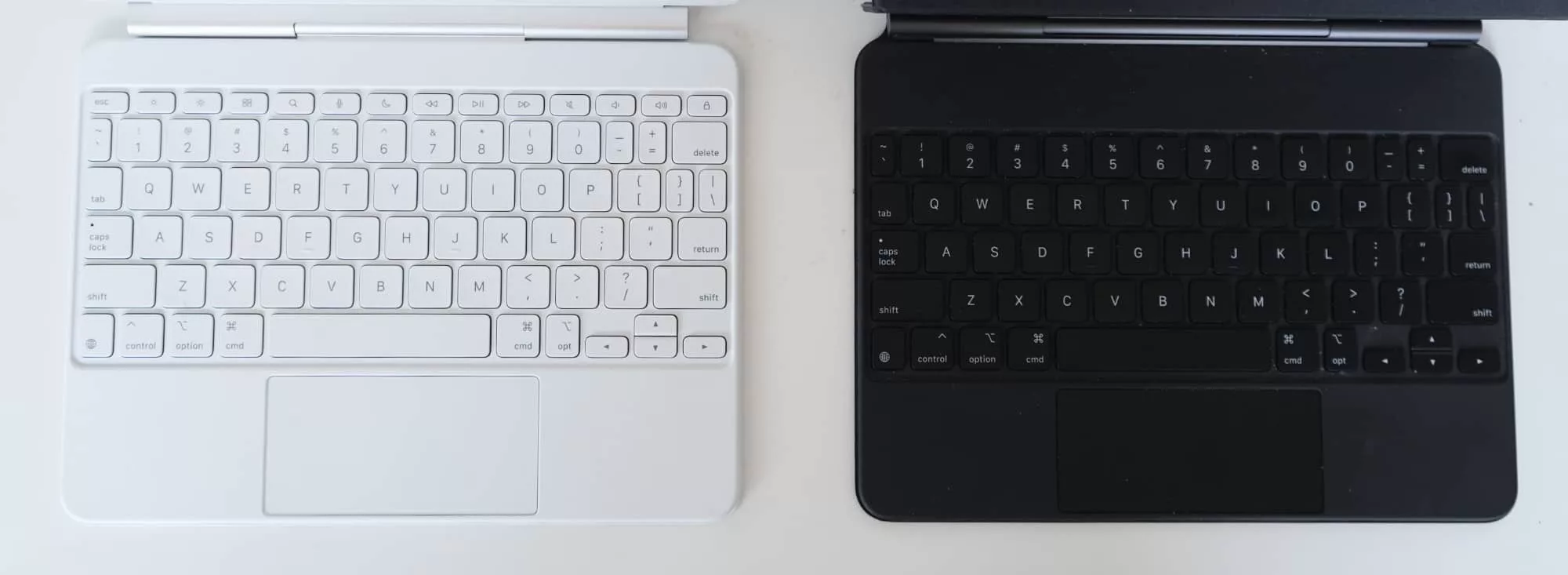 The difference in the new (and optional) Magic Keyboard Cover is a new row of function keys at the top and a little more control in how you lean the cover back, comparing the new model (left) to the old one (right). 