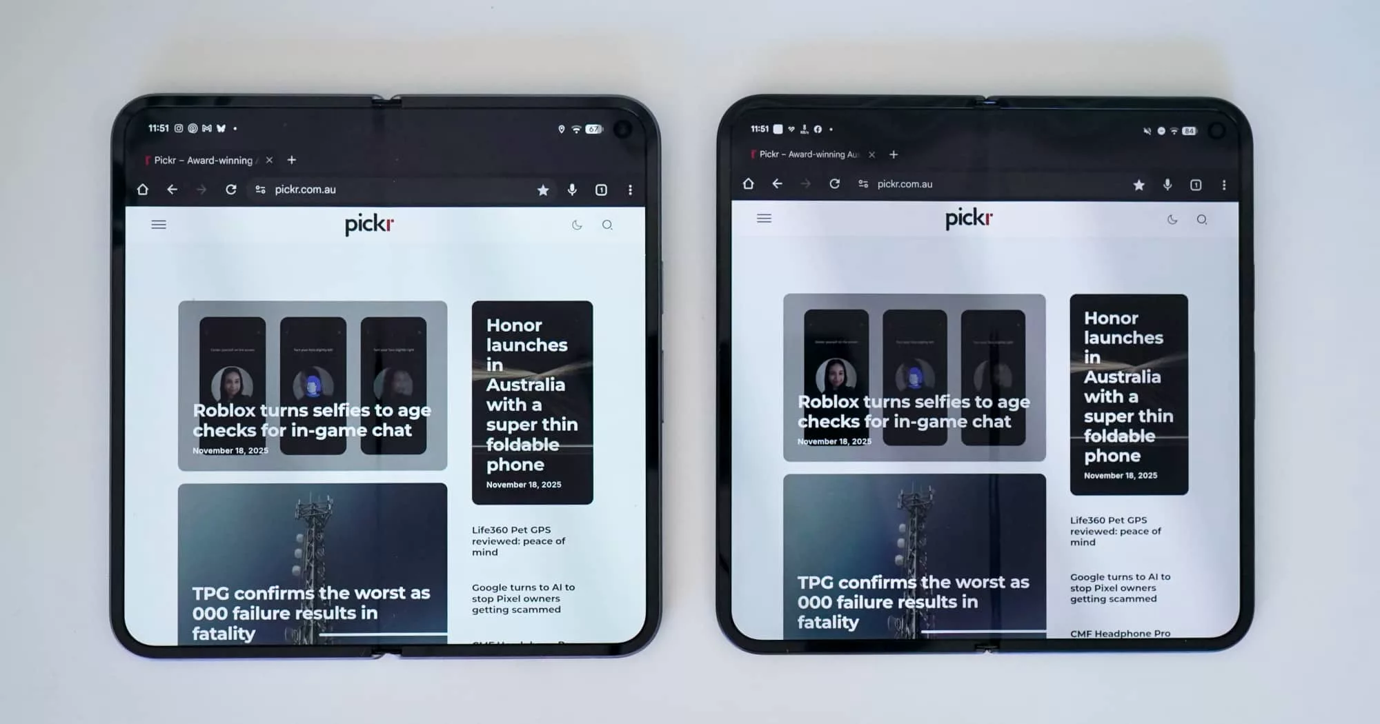 The minor difference (if any) in 8 inch screens between the Pixel 10 Pro Fold (left) and the Pixel 9 Pro Fold (right).